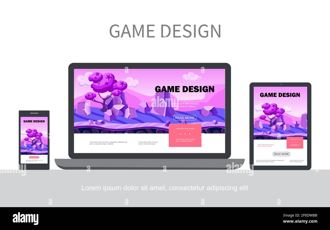 Cartoon game design UI concept with fantasy landscape trees stones ...