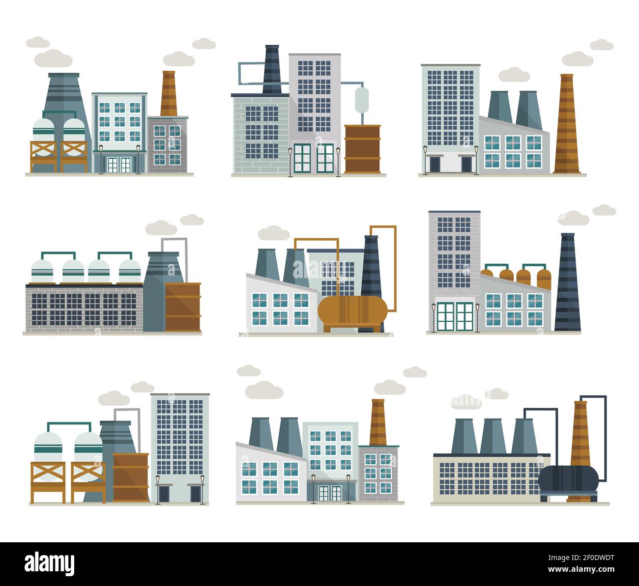 Factory decorative flat icons set including industrial buildings with ...