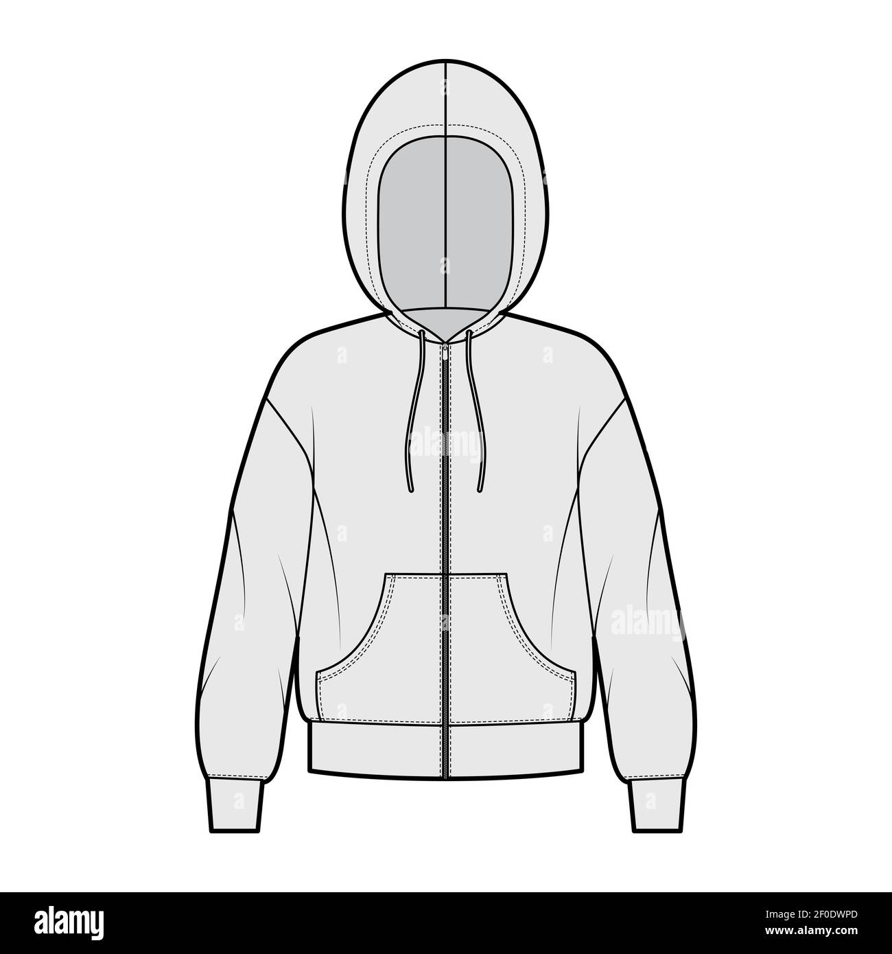 Zip up Hoody sweatshirt technical fashion illustration with long sleeves oversized body kangaroo pouch drawstring. Flat apparel template front grey color. Women men unisex CAD mockup Stock Vector Imag...