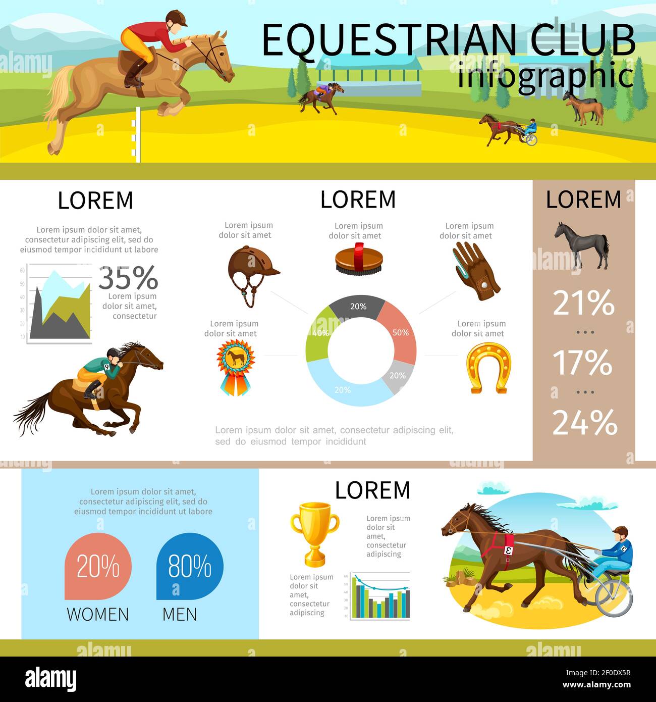 Cartoon equestrian club infographic template with jockeys riding horses