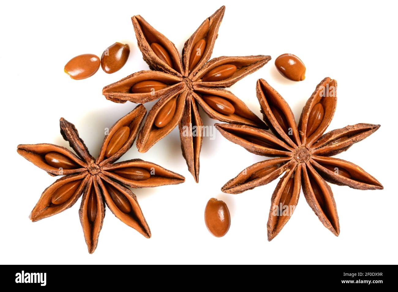 Star anise. Three star anise fruits. Macro closeup Isolated on white