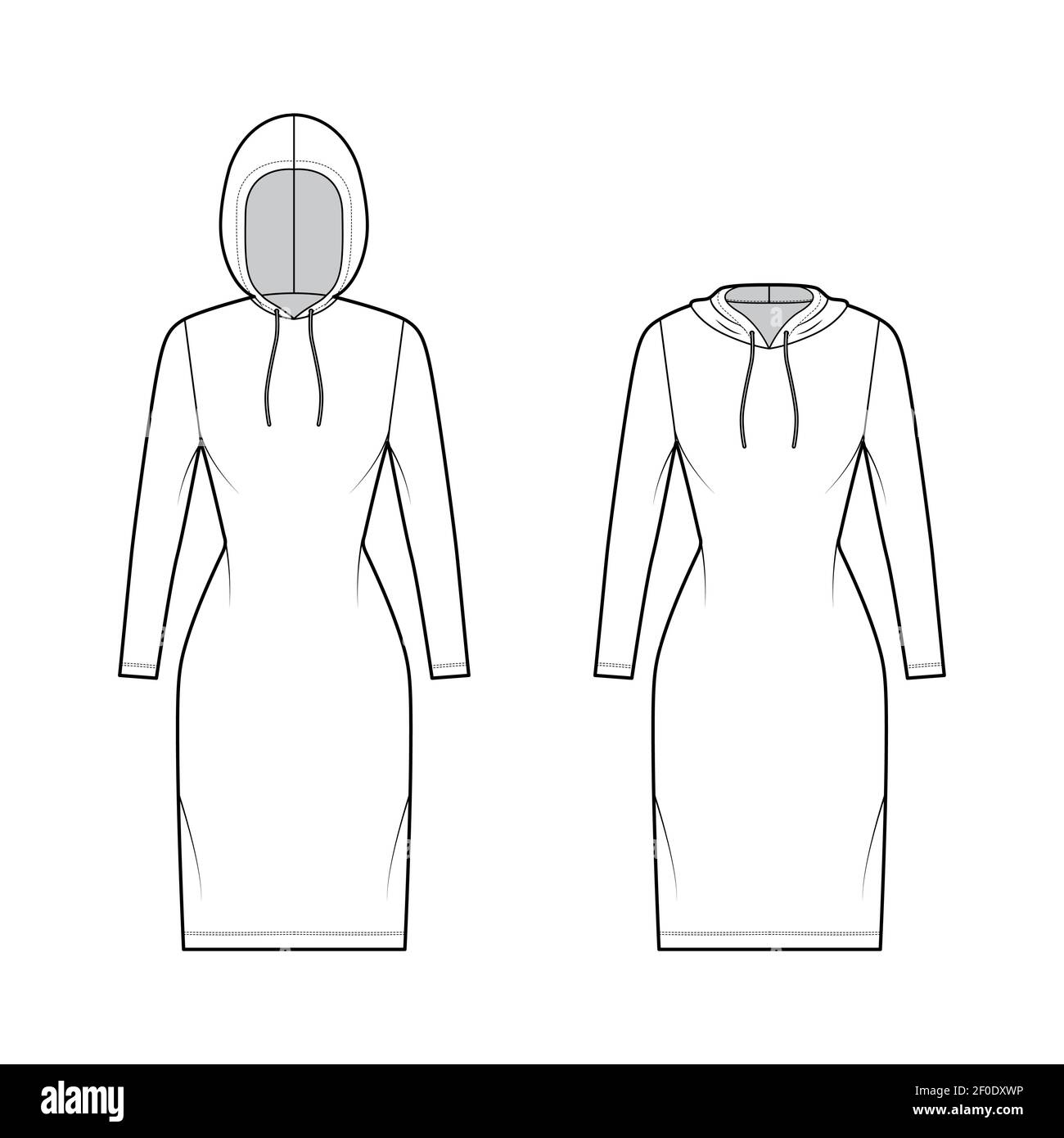 Set of Hoody dresses technical fashion illustration with long sleeves, knee length, fitted body, Pencil fullness. Flat sweater apparel template front, white color style. Women, men, unisex CAD mockup Stock Vector