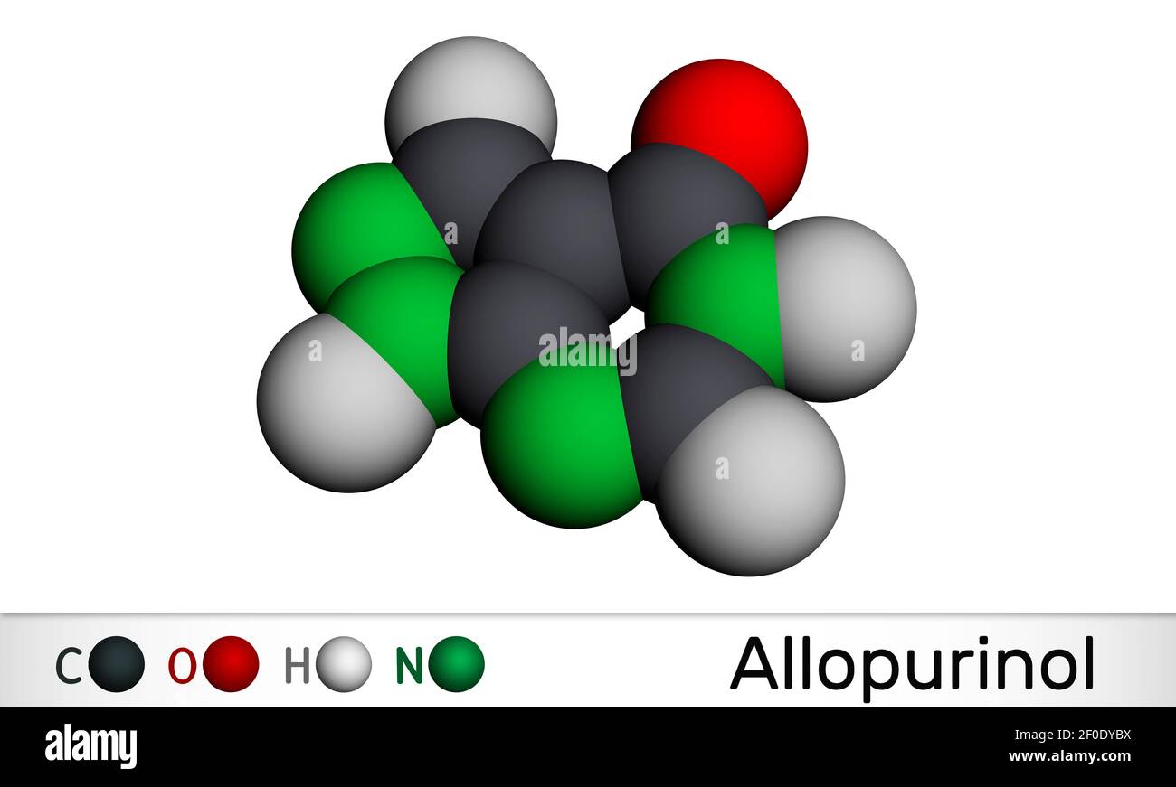 Allopurinol molecule. Drug is xanthine oxidase inhibitor, used to