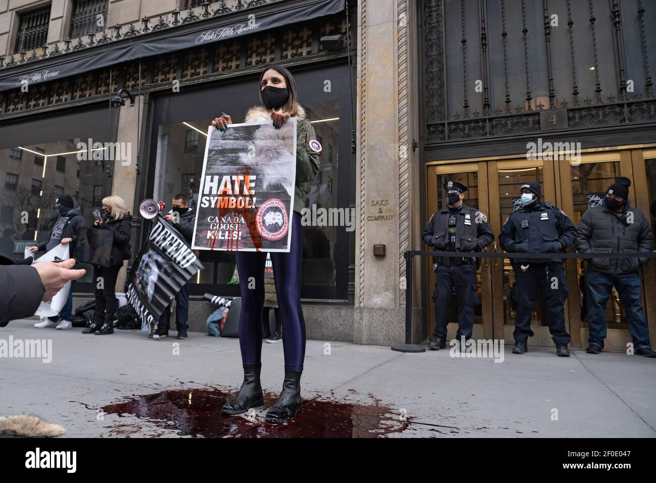 NEW YORK, NY - MARCH 6: A protester wearing Canada Goose coat cover with  blood stands in a pool of blood during a Canada Goose protest in front of Saks  Fifth Avenue