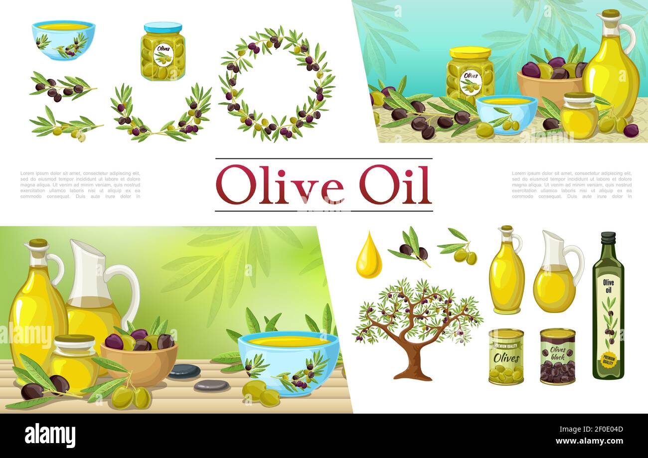 Cartoon natural olive elements collection with olive oil bottles wreath