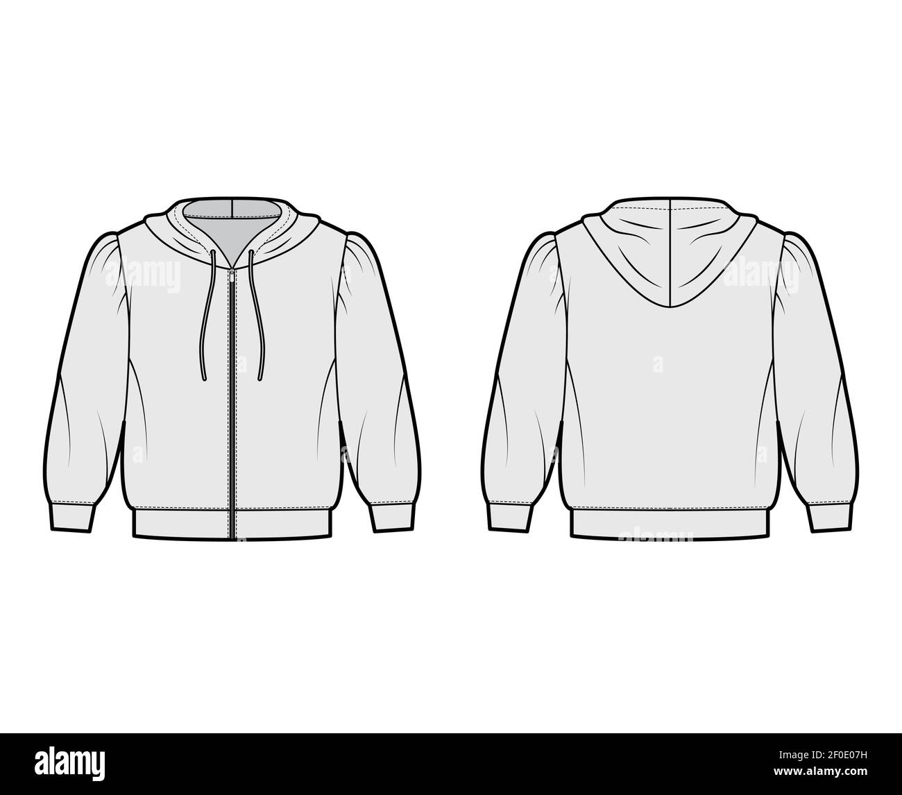 Zip-up Hoody sweatshirt technical fashion illustration with elbow sleeves, relax body, banded hem, drawstring. Flat small apparel template front, back, grey color style. Women, men, unisex CAD mockup Stock Vector
