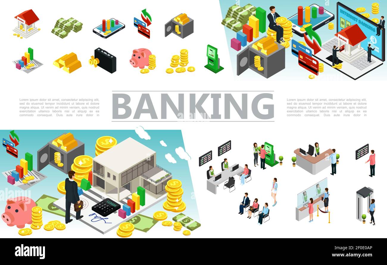 Isometric banking elements set with money payment cards safe case coins gold bars atm machine bank workers and clients in different situations vector Stock Vector
