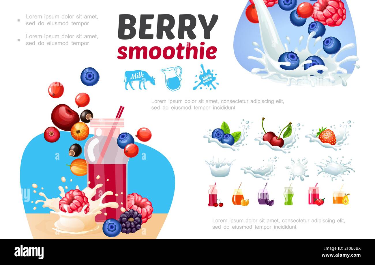 Cartoon healthy berry smoothies composition with milk splashes