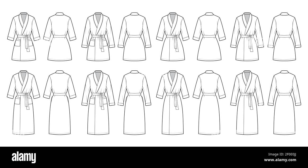 Set of Bathrobes Dressing gown technical fashion illustration with wrap