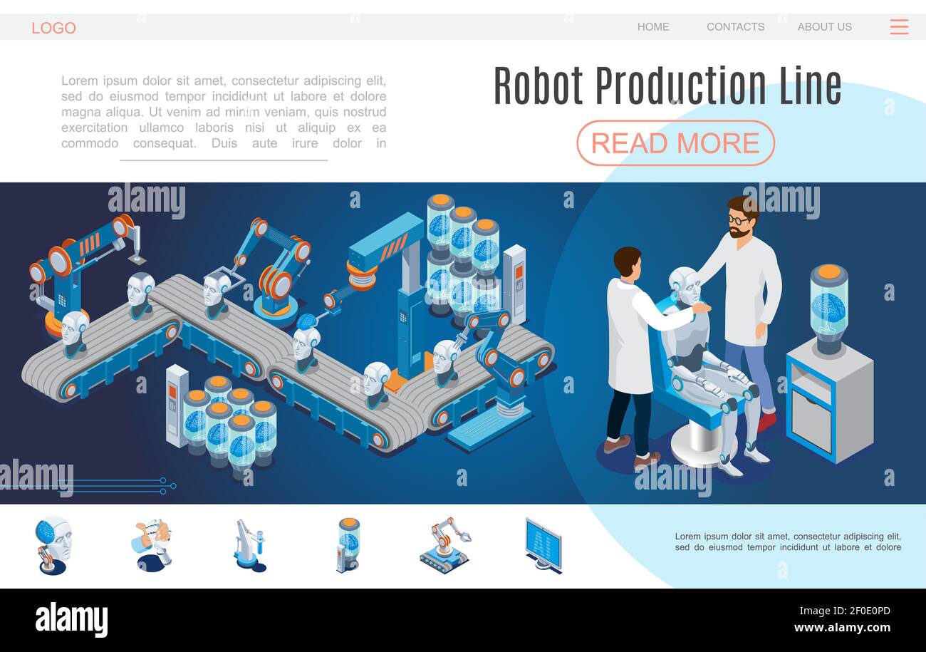 Isometric artificial intelligence website template with robot production lines cyborg creation robotic head arms digital brain monitor vector illustra Stock Vector