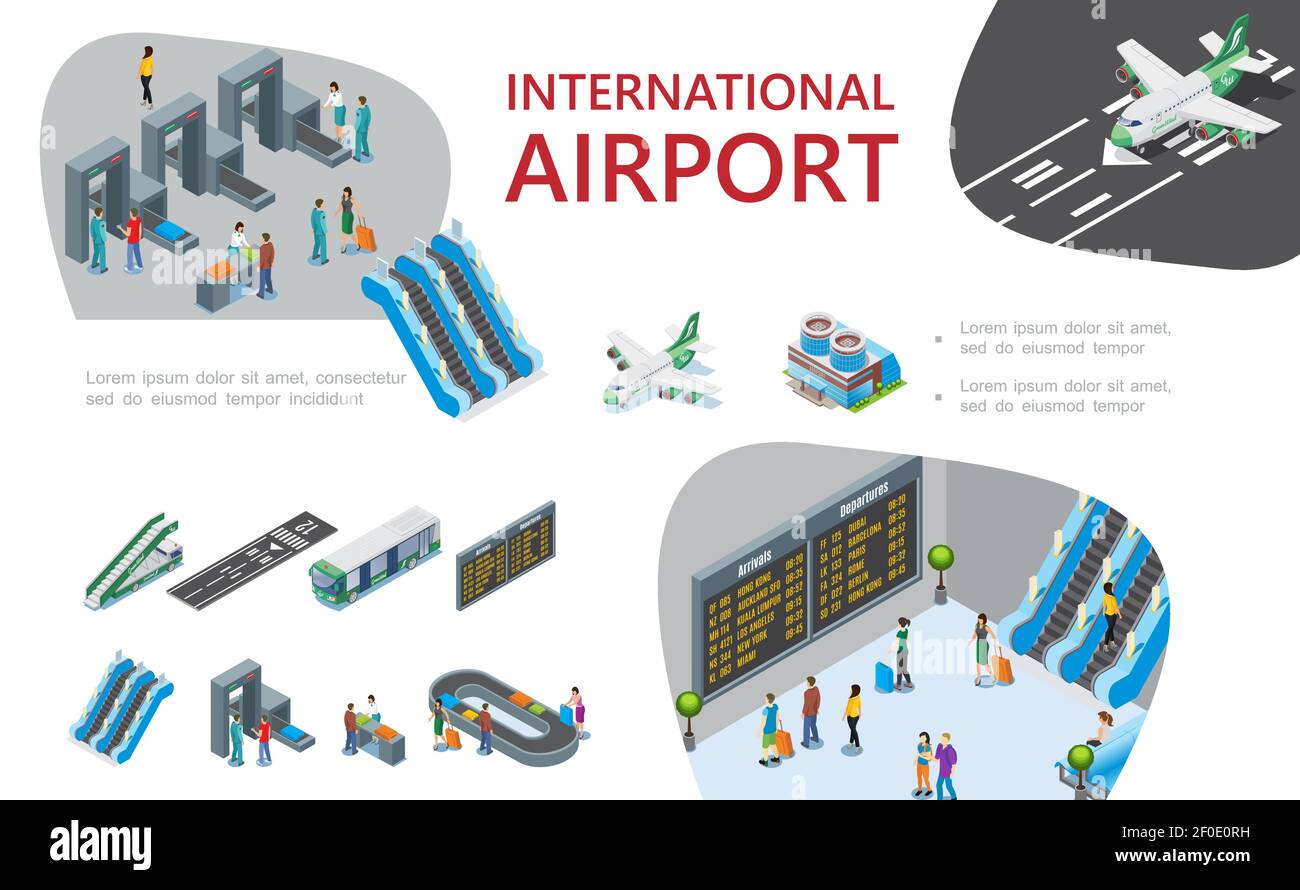 Isometric airport composition with passengers pass customs and passport ...