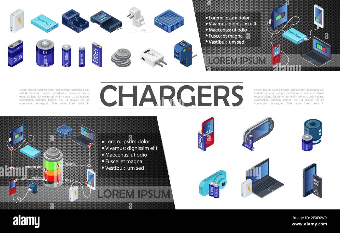 Isometric modern chargers composition with power bank and batteries of ...