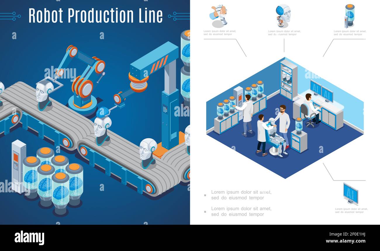 Artificial intelligence invention composition with robots production line and scientists create cyborgs in laboratory in isometric style vector illust Stock Vector