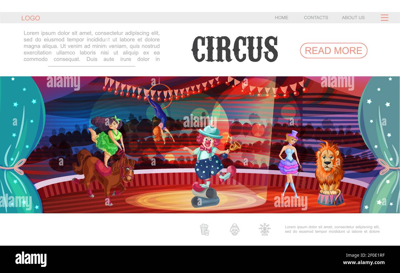 Cartoon circus web page template with clown acrobat trainers lion horse performing different tricks on arena vector illustration Stock Vector