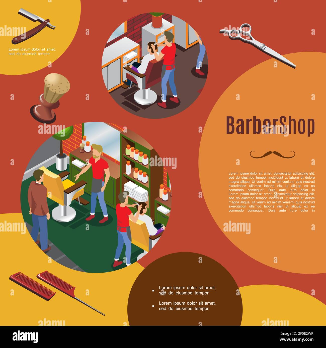 Isometric barber shop colorful template with hairdressers and customers