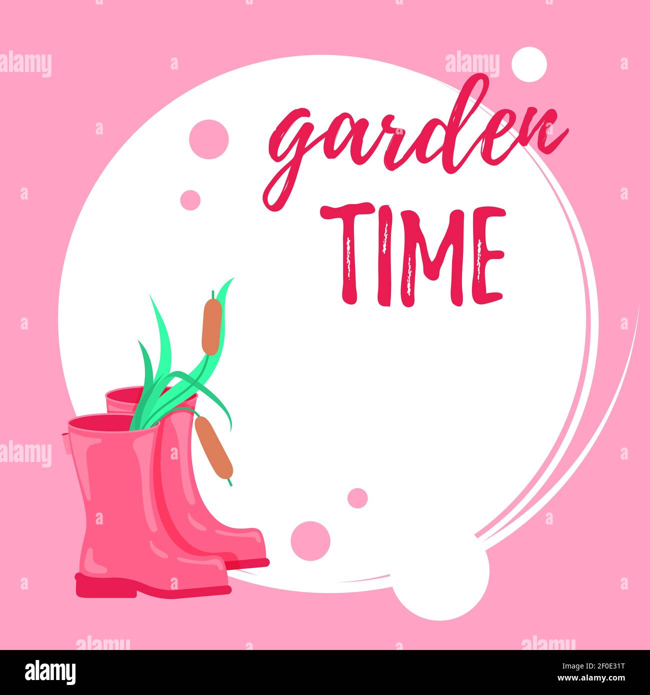 Pink rubber boots with reeds inside. Garden time card with copy space for text. Greeting, invitation card Stock Vector