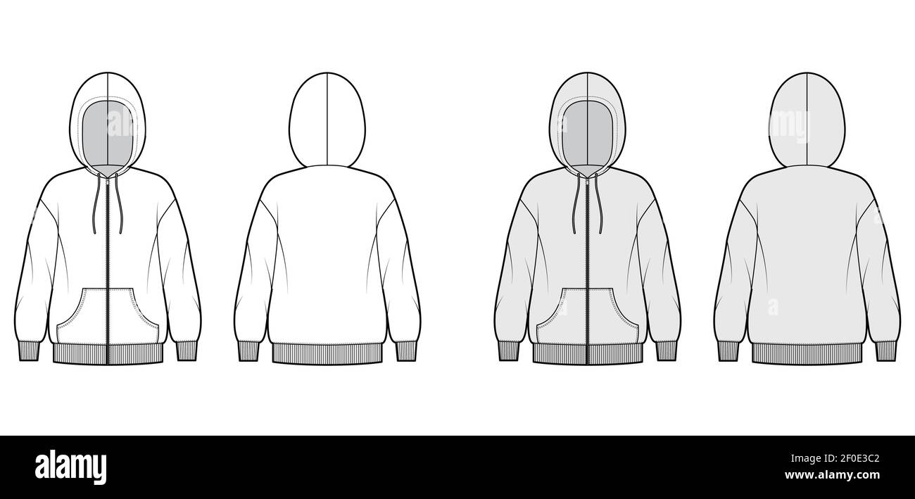 Zip-up Hoody sweatshirt technical fashion illustration with long sleeves, kangaroo pouch, knit rib cuff, banded hem. Flat extra large apparel template front, back, white, grey color. Women CAD mockup Stock Vector