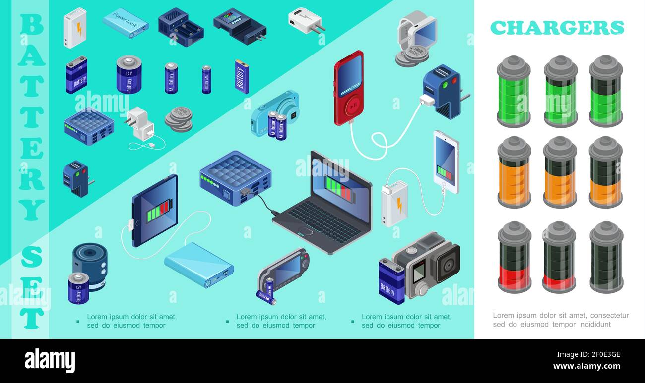 Isometric chargers for modern devices set with power bank plugs laptop ...