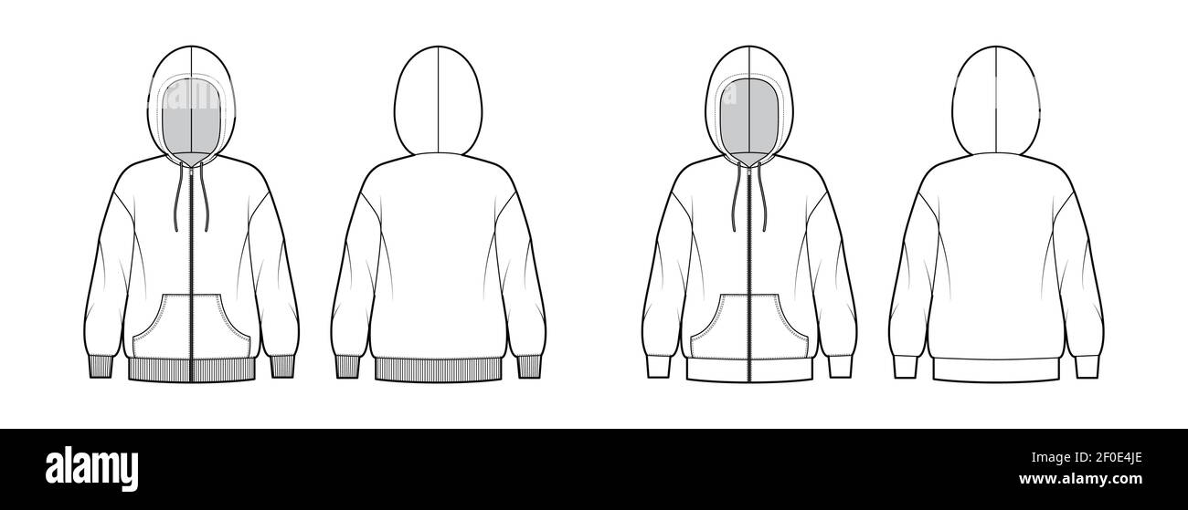 Set of Zip-up Hoody sweatshirt technical fashion illustration with oversized body, kangaroo pouch, knit rib cuff. Flat extra large template front, back, white color. Women, men, unisex CAD mockup Stock Vector