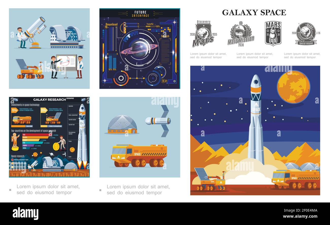 Flat space colorful composition with rocket launch moon rover and truck ...