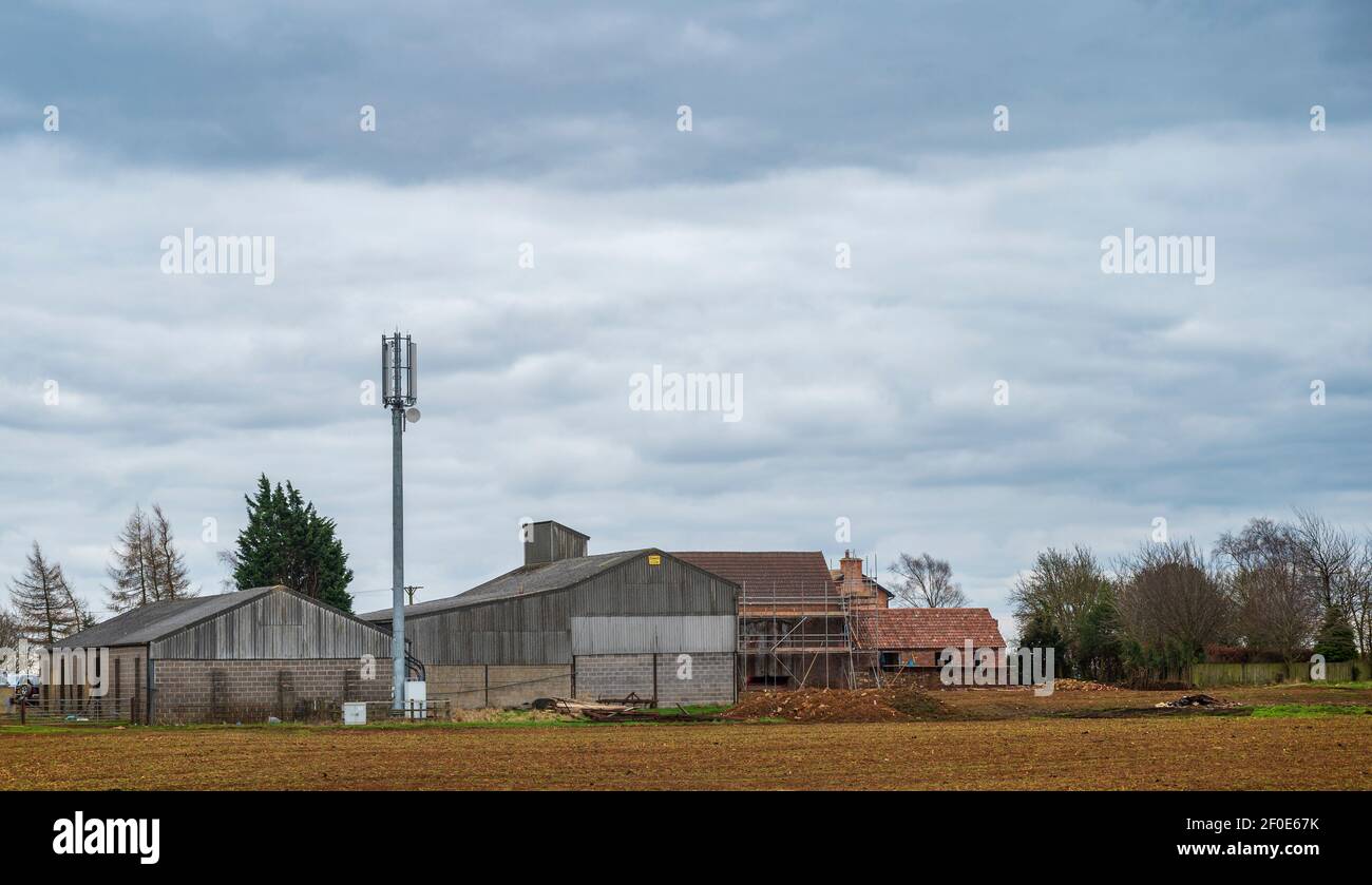Leicestershire, England, UK. A remote farm with a mobile telephone communication mast Stock Photo