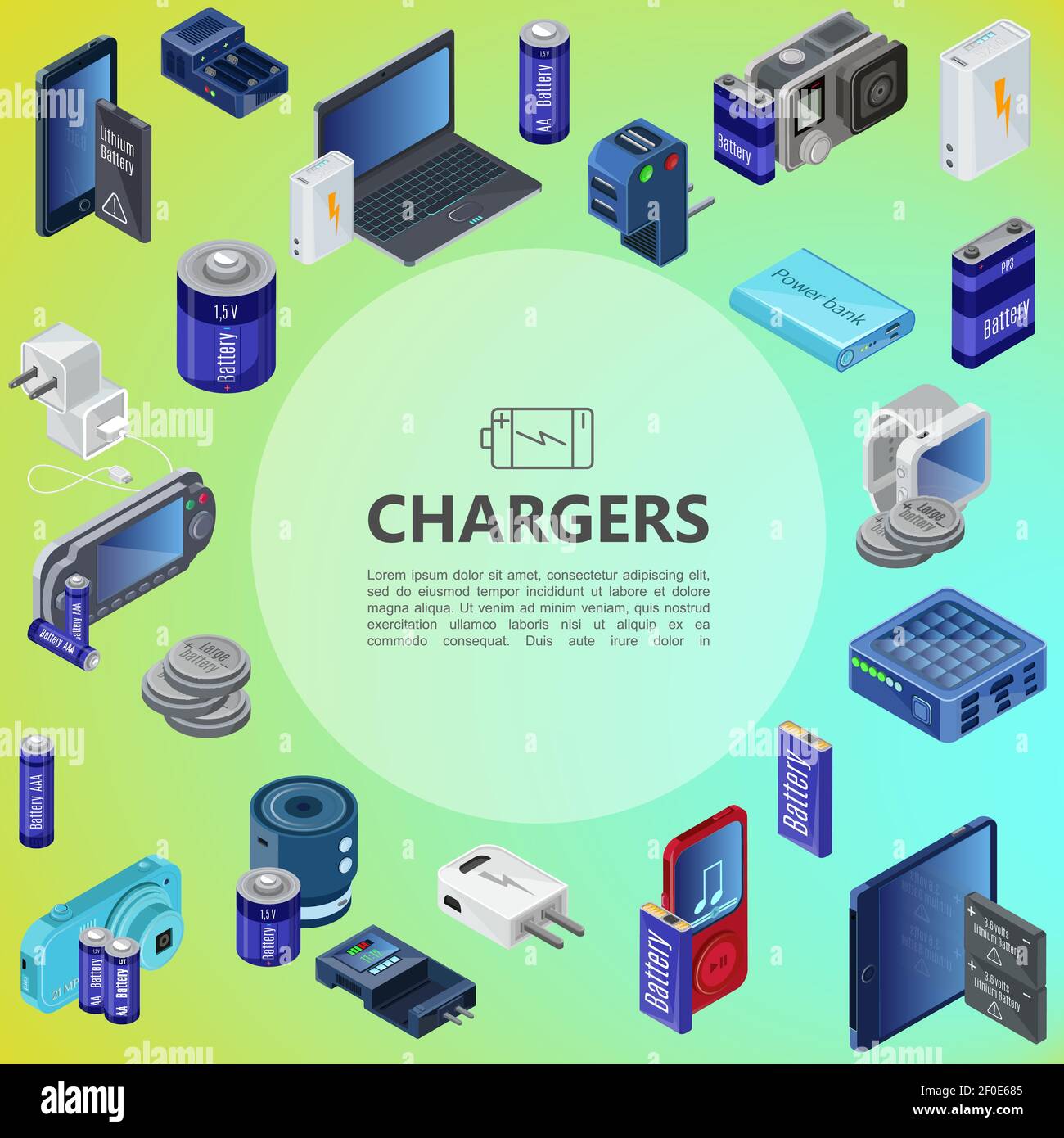 Isometric charging sources concept with power bank portable chargers