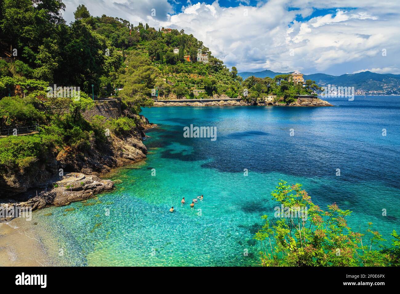 Amazing beach with turquoise water and spectacular waterfront, Portofino, Liguria, Italy, Europe Stock Photo