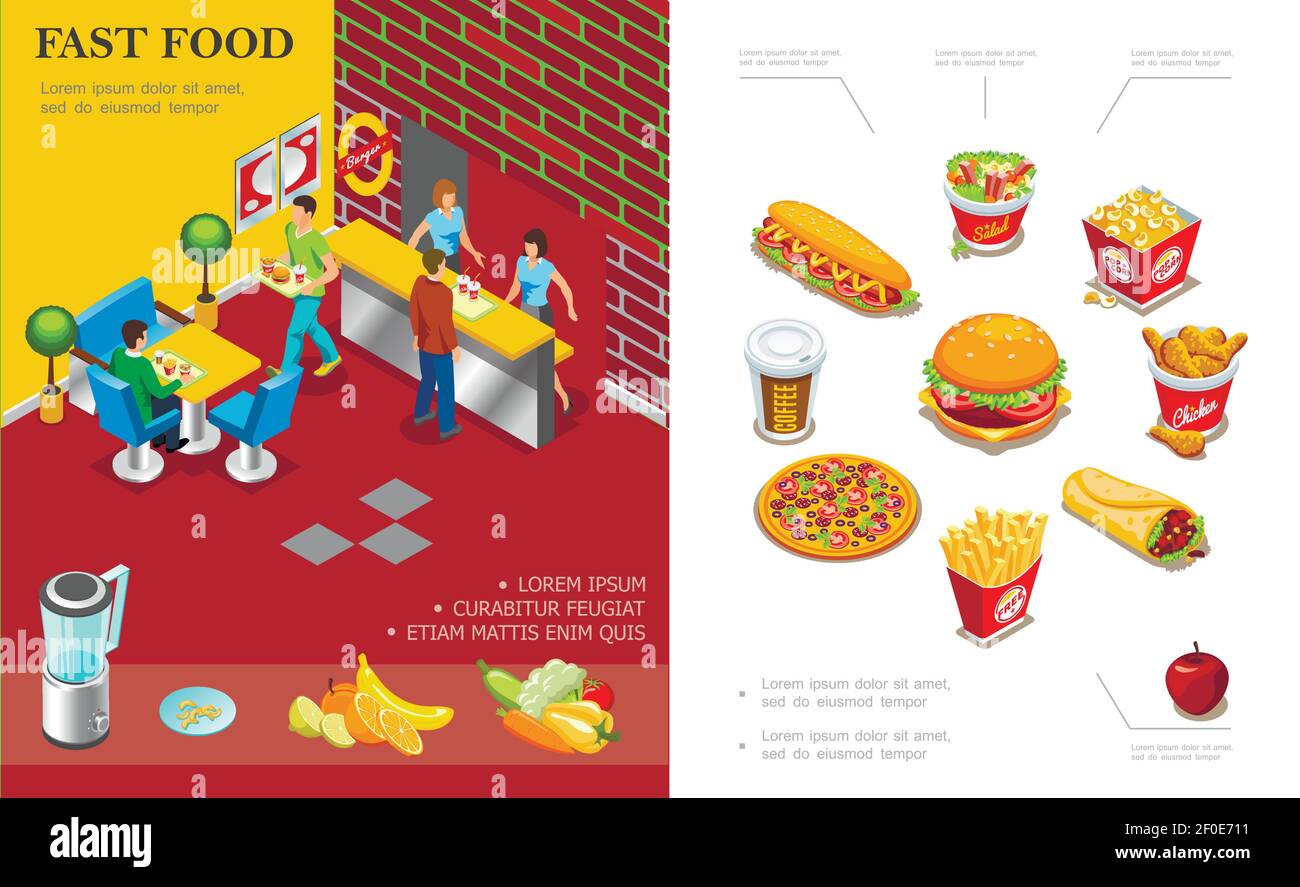 Isometric fast food restaurant concept with people eating in cafe
