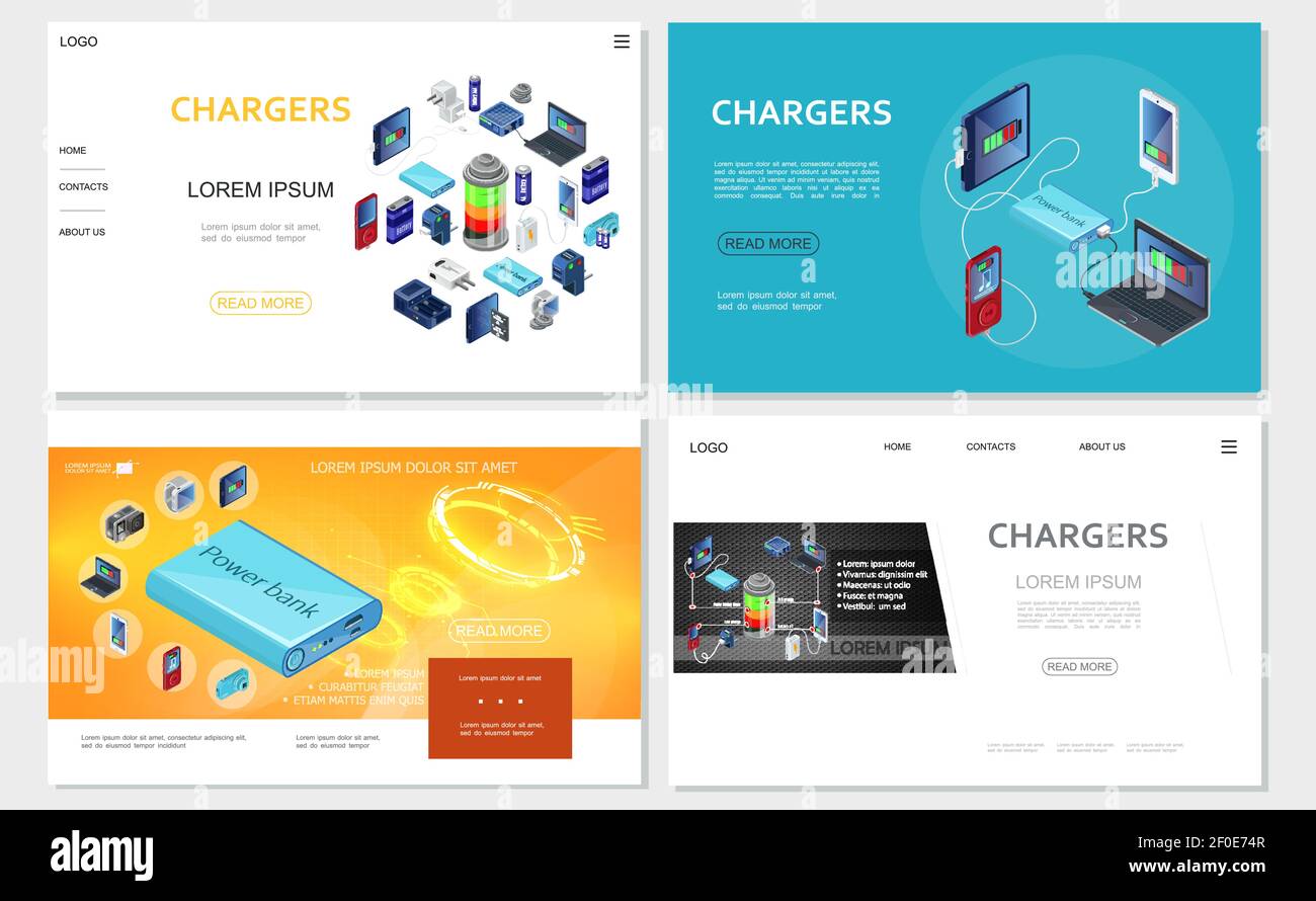 Isometric modern chargers websites set with power bank batteries