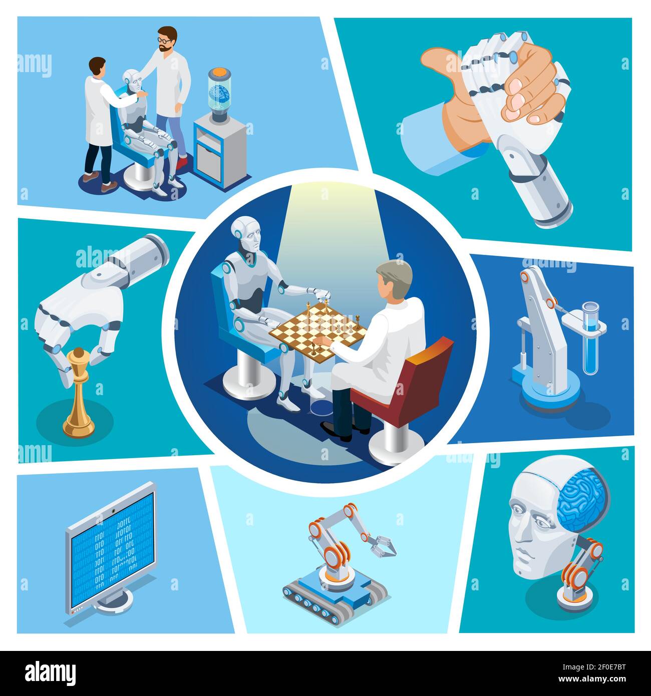 Isometric artificial intelligence composition with robot playing chess versus scientist cyborg head monitor arm wrestling with robotic hand vector ill Stock Vector