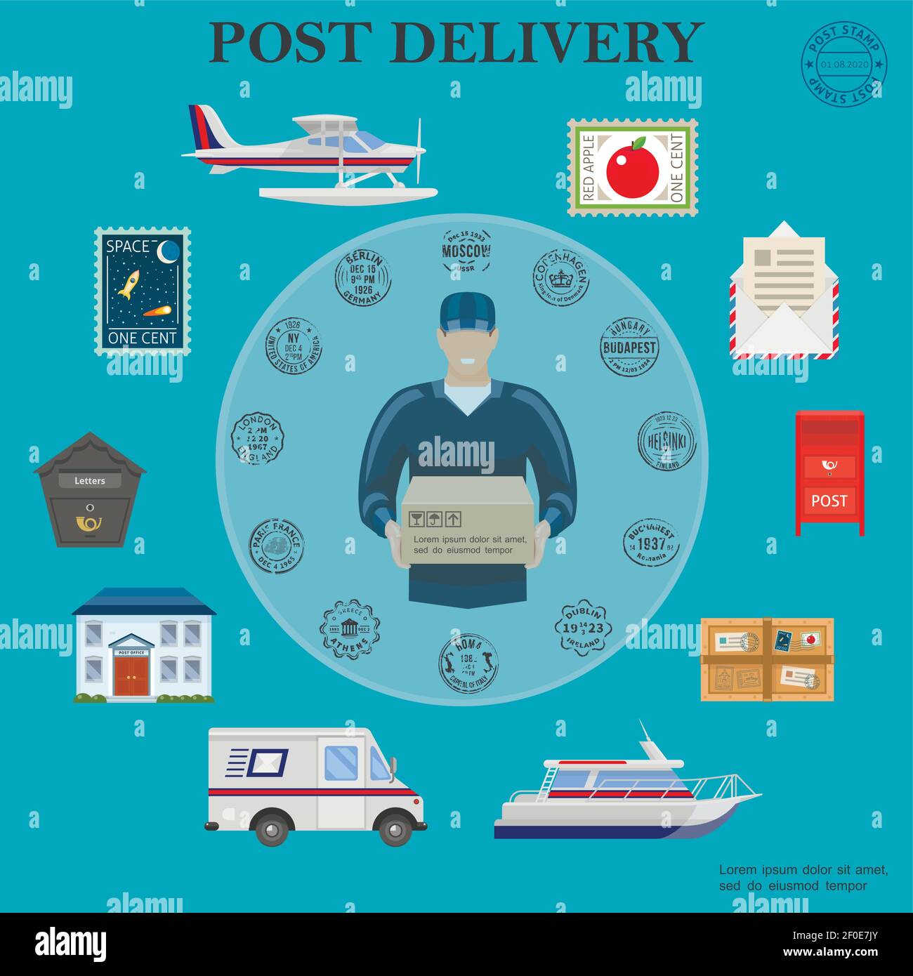 Flat post service round concept with postman float plane van yacht ...