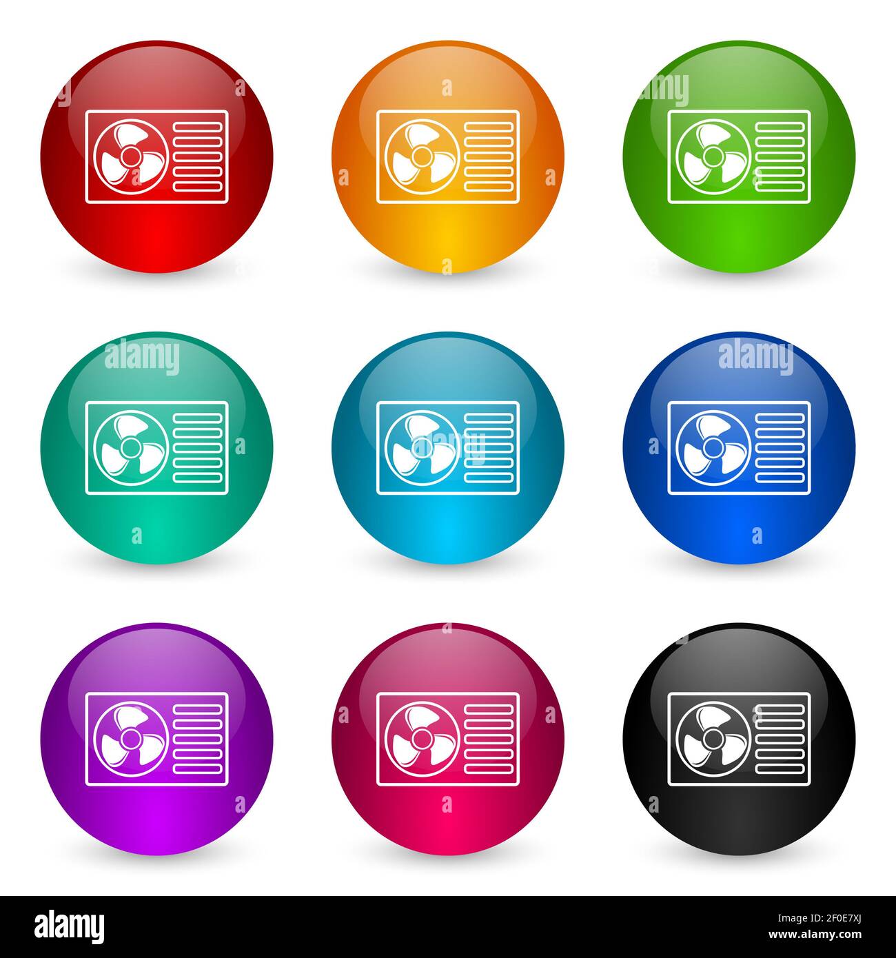 Heat pump icon set, colorful glossy 3d rendering ball buttons in 9