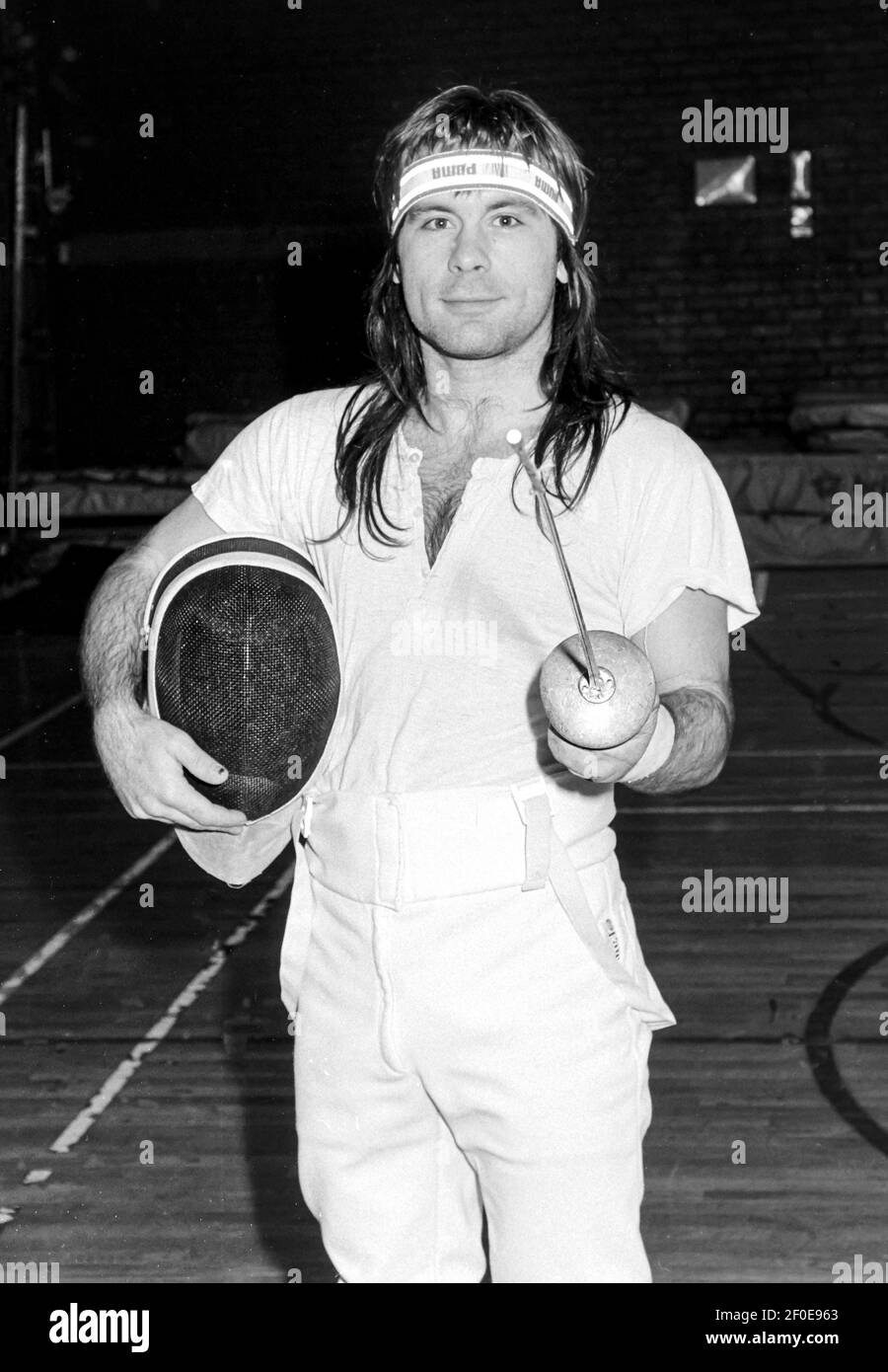 HEMEL HEMPSTEAD - ENGLAND 89:  Bruce Dickinson posing for the camera in his fencing gear at the local sports centre in Hemel Hempstead, Hertfordshire, Stock Photo