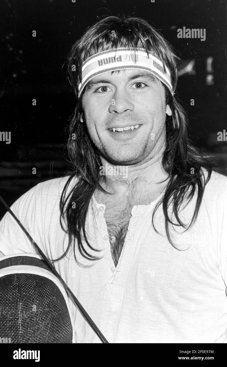 HEMEL HEMPSTEAD - ENGLAND 89:  Bruce Dickinson posing for the camera in his fencing gear at the local sports centre in Hemel Hempstead, Hertfordshire, Stock Photo