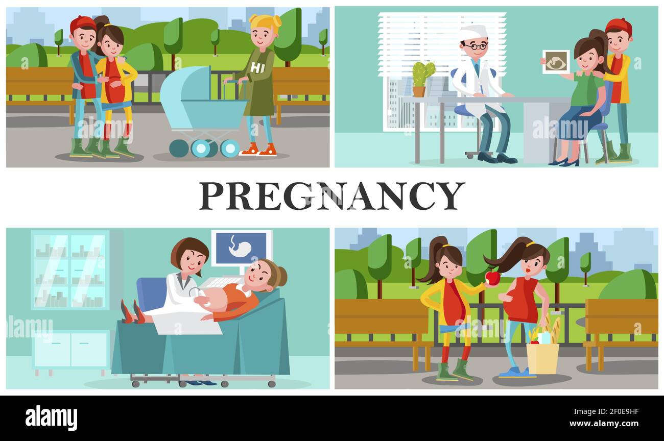 Flat Maternity And Pregnancy Composition With Pregnant Women Lead Healthy Lifestyle And Visit Hospital For Medical Control Vector Illustration Stock Vector Image Art Alamy