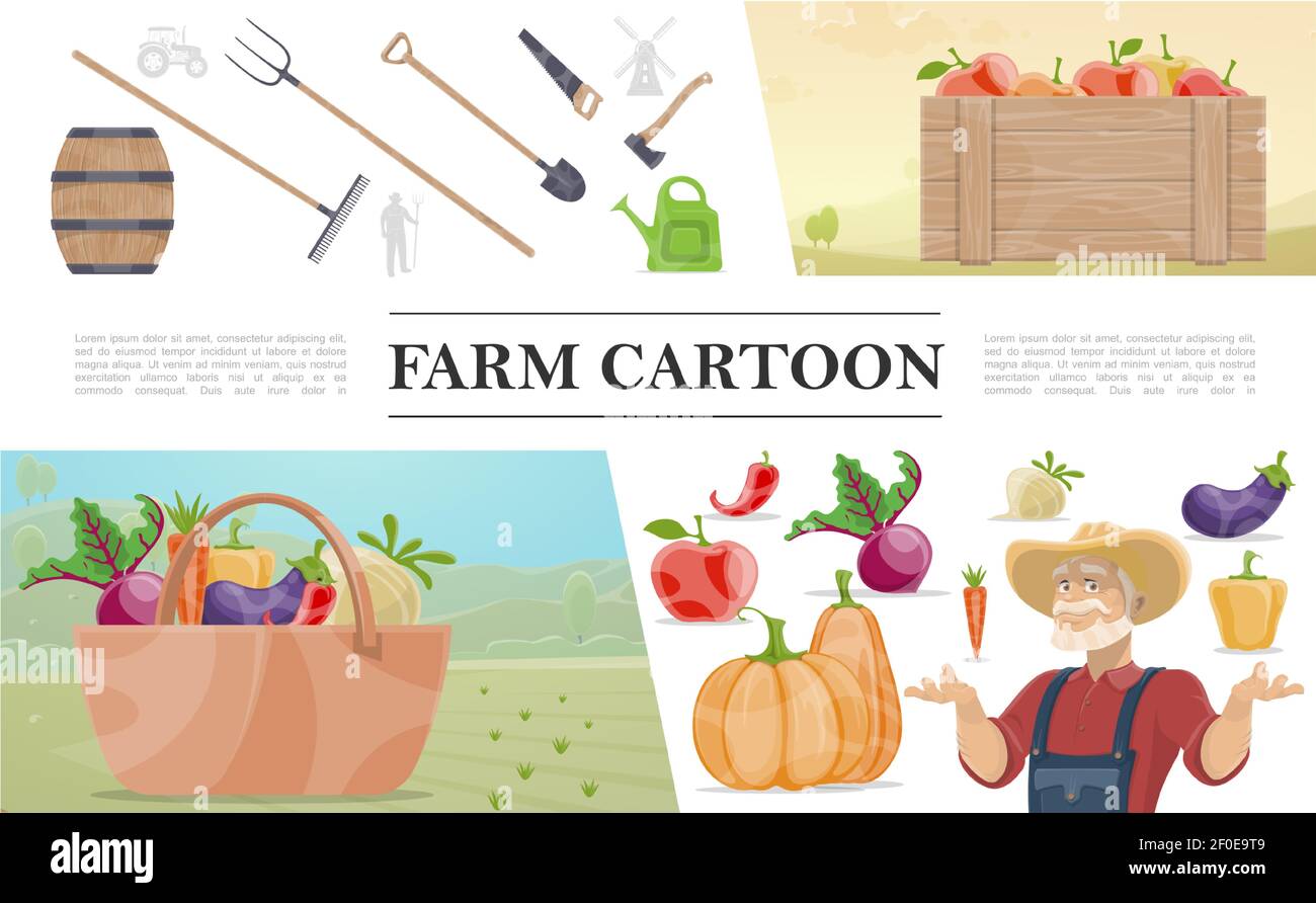 Cartoon farming colorful concept with farmer wooden barrel manual labor tools crate of apples basket of vegetables vector illustration Stock Vector