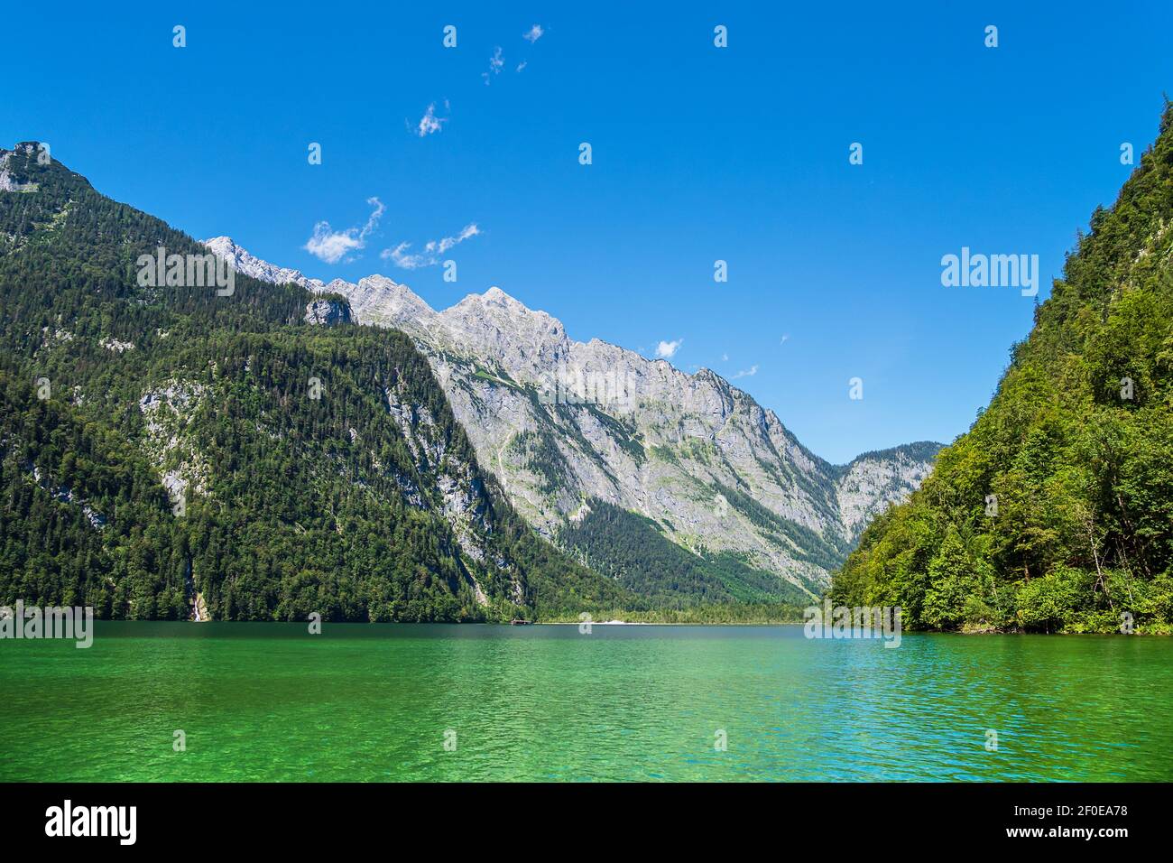 Lake Koenigssee with rocks and trees in the Berchtesgaden Alps, Germany ...