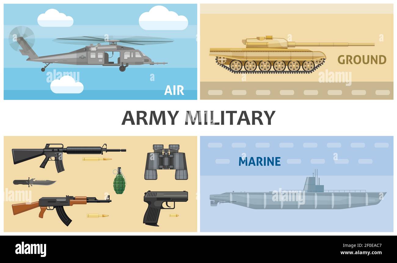 Flat army and military composition with automatic machines pistol ...