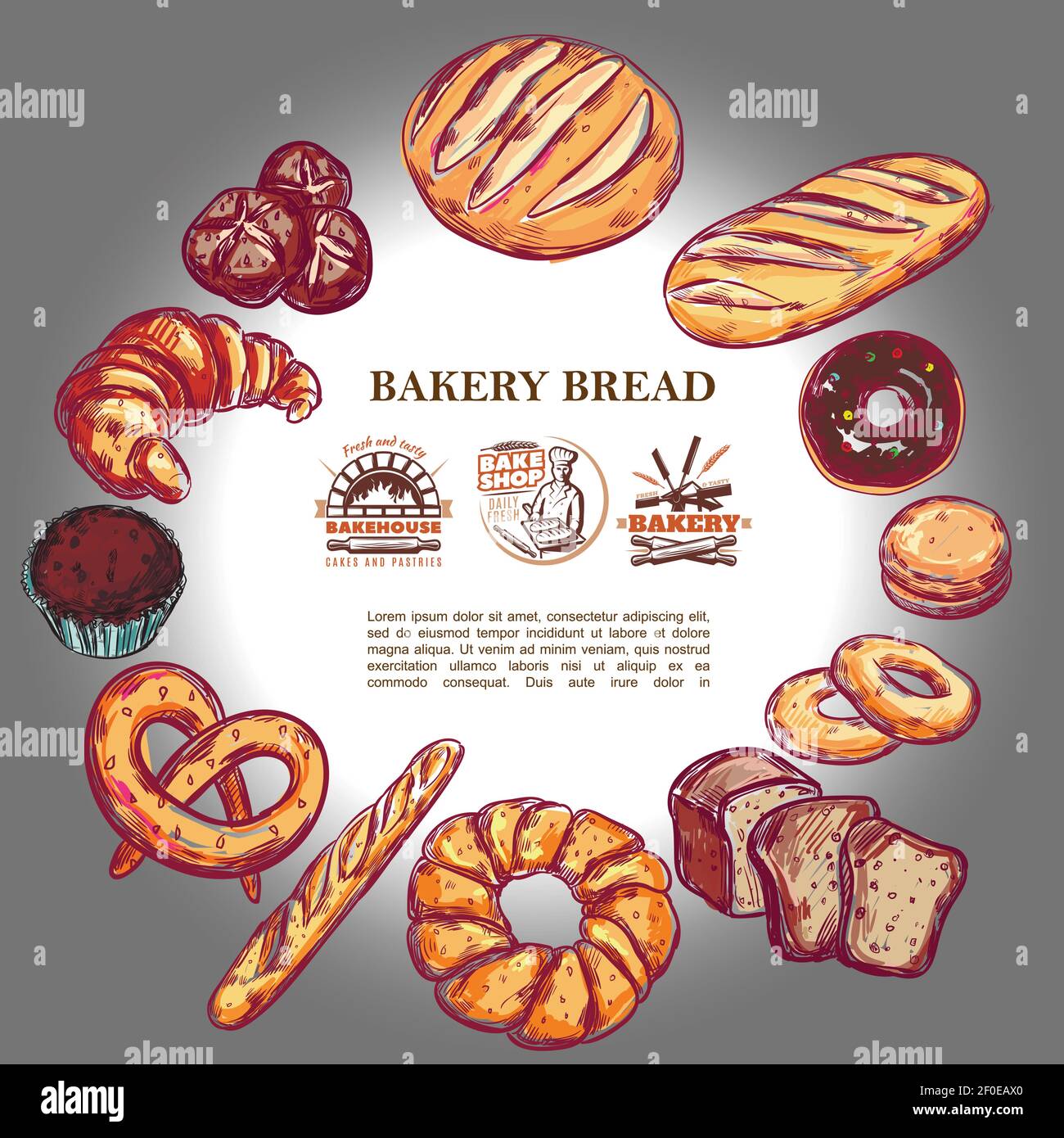 Sketch bakery products round concept with bread french baguette croissant pretzel muffin donut bagels and bakehouse badges vector illustration Stock Vector