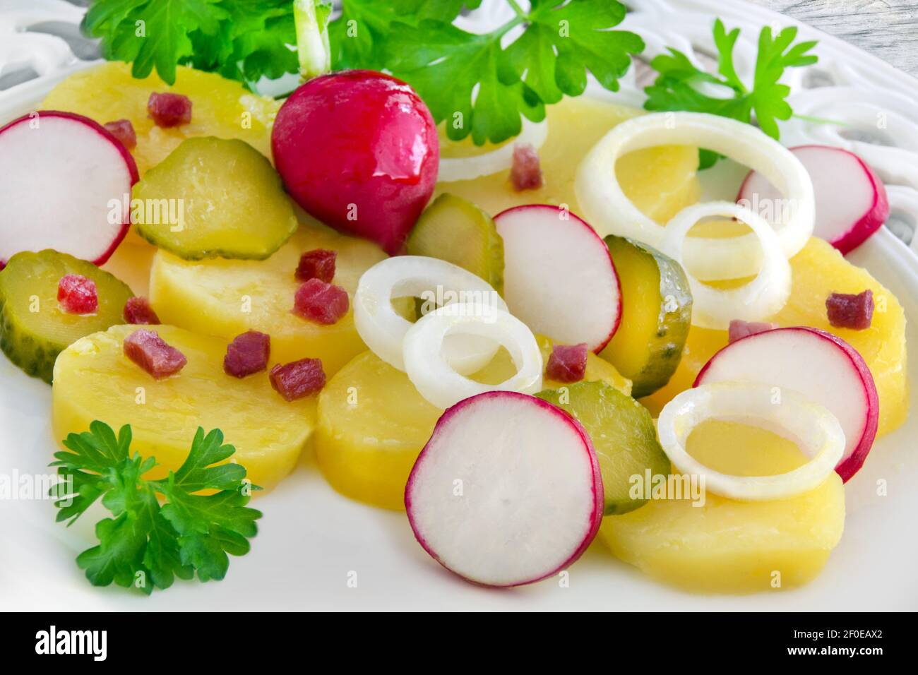 Kartoffelsalat mit sauren Gurken und Radieschen Stock Photo
