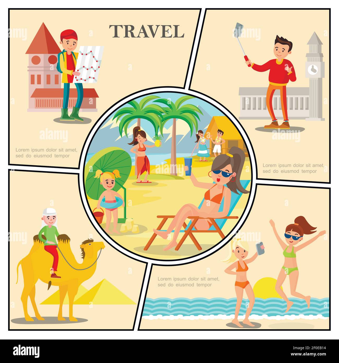 Flat travel composition with women relax on beach man riding camel tourists near famous world sights vector illustration Stock Vector