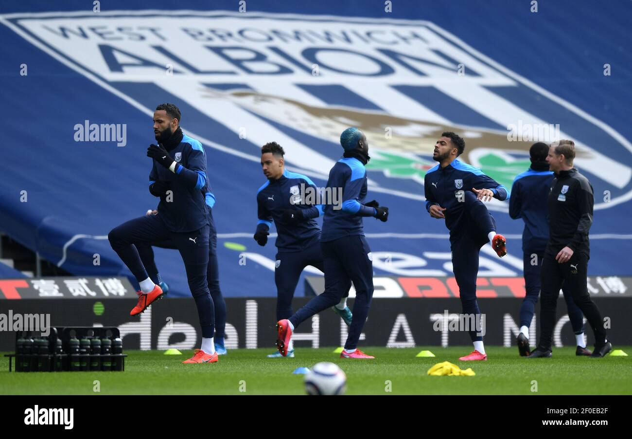 West Bromwich Albion players warm up before the Premier League match at The Hawthorns, West Bromwich. Picture date: Sunday March 7, 2021. Stock Photo