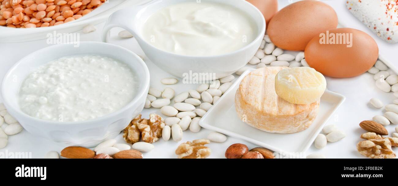 Proteinreiche Lebensmittel Milchprodukte Nüsse Eier Bohnen Stock Photo