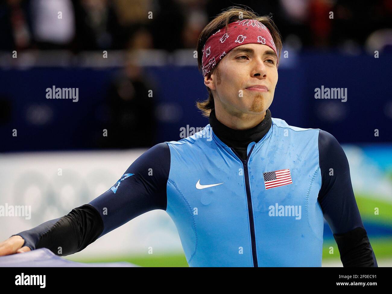 USA's Apolo Anton Ohno after skating in the men's 5,000-meter relay short track finals during the 2010 Winter Olympics in Vancouver, British Columbia, Friday, February 26, 2010. The United States finished in 3rd place to win a Bronze Medal. (Photo by Harry E. Walker/TNS/Sipa USA) Stock Photo