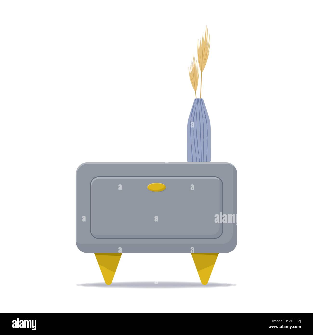 Bedroom nightstand with drawer and decor. Vector isolated on white