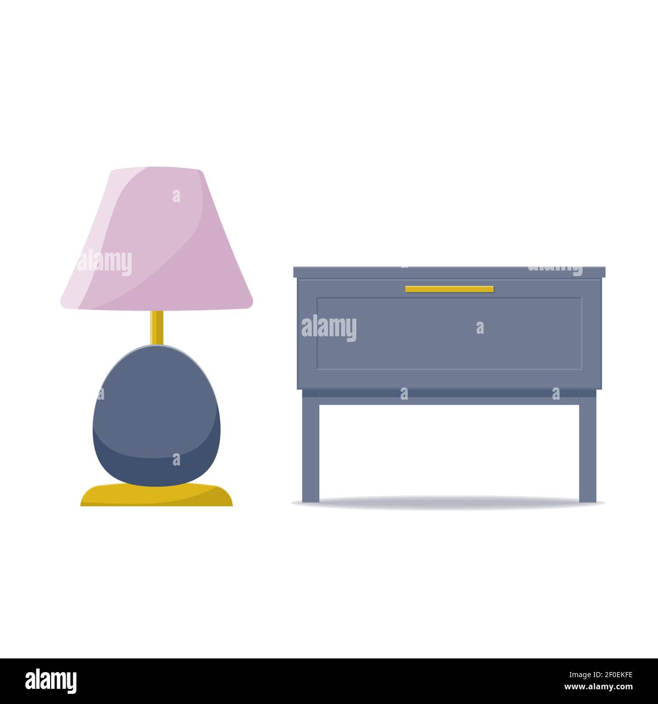 Bedroom nightstand with drawer and decor. Vector isolated on white