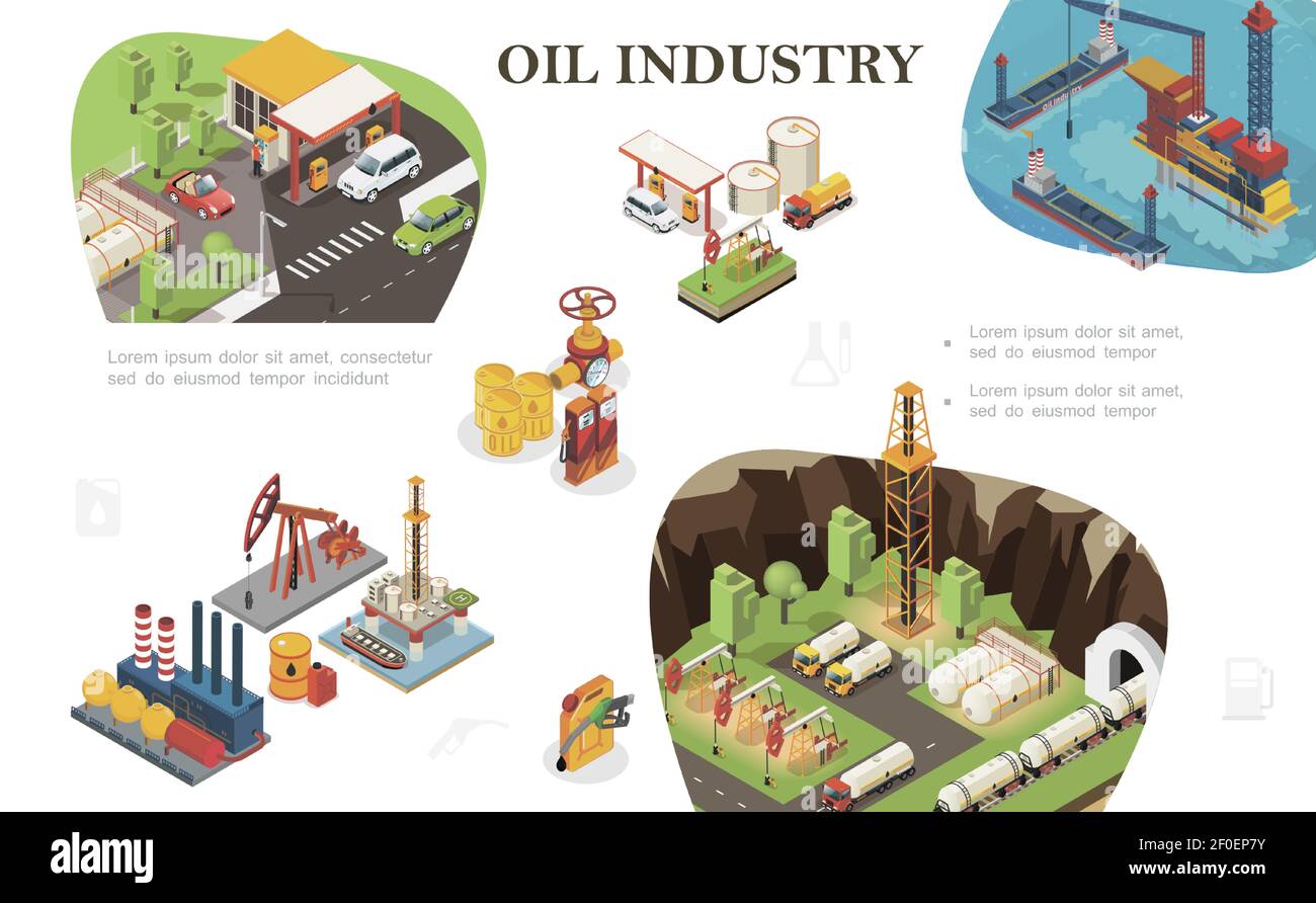 Isometric oil industry composition with tankers fuel station railway cisterns derrick drilling rig trucks canisters barrels of petroleum gas pipeline Stock Vector