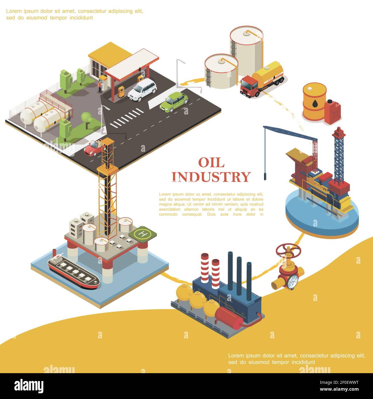 Isometric petroleum industry round template with gas station oil water platforms truck barrel canister cisterns refinery plant tanker pipeline and val Stock Vector