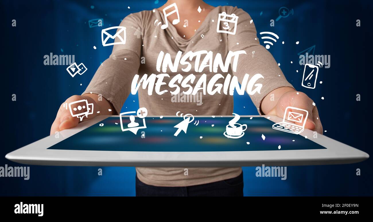 Young business person working on tablet and shows the inscription ...