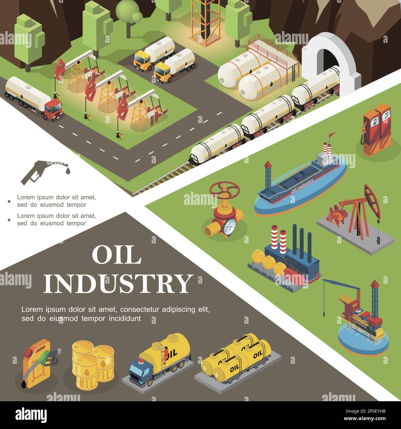 Isometric oil industry concept with tanker drilling rigs refinery plant pipeline valve trucks canisters cisterns barrels of petrol fuel nozzle vector Stock Vector